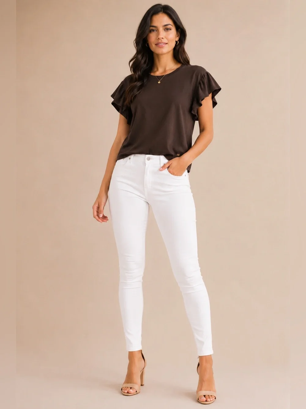 Michael Kors Brown Ruffle Short-Sleeve Tee-Brabd New✨✨